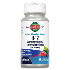 KAL B12 ActivMelt micro tablets dissolve for on-the-go energy support.