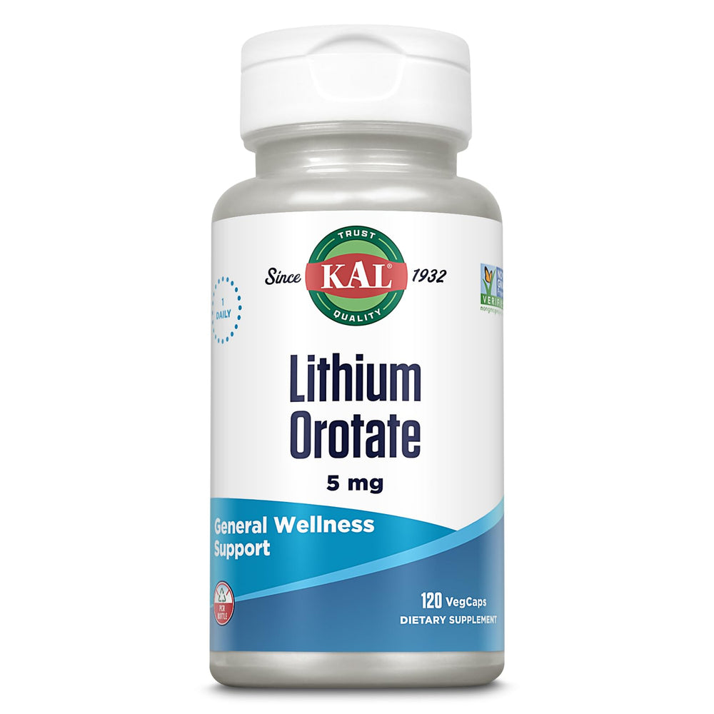 KAL Lithium Orotate 5 mg bottle front view highlights vegan capsules.