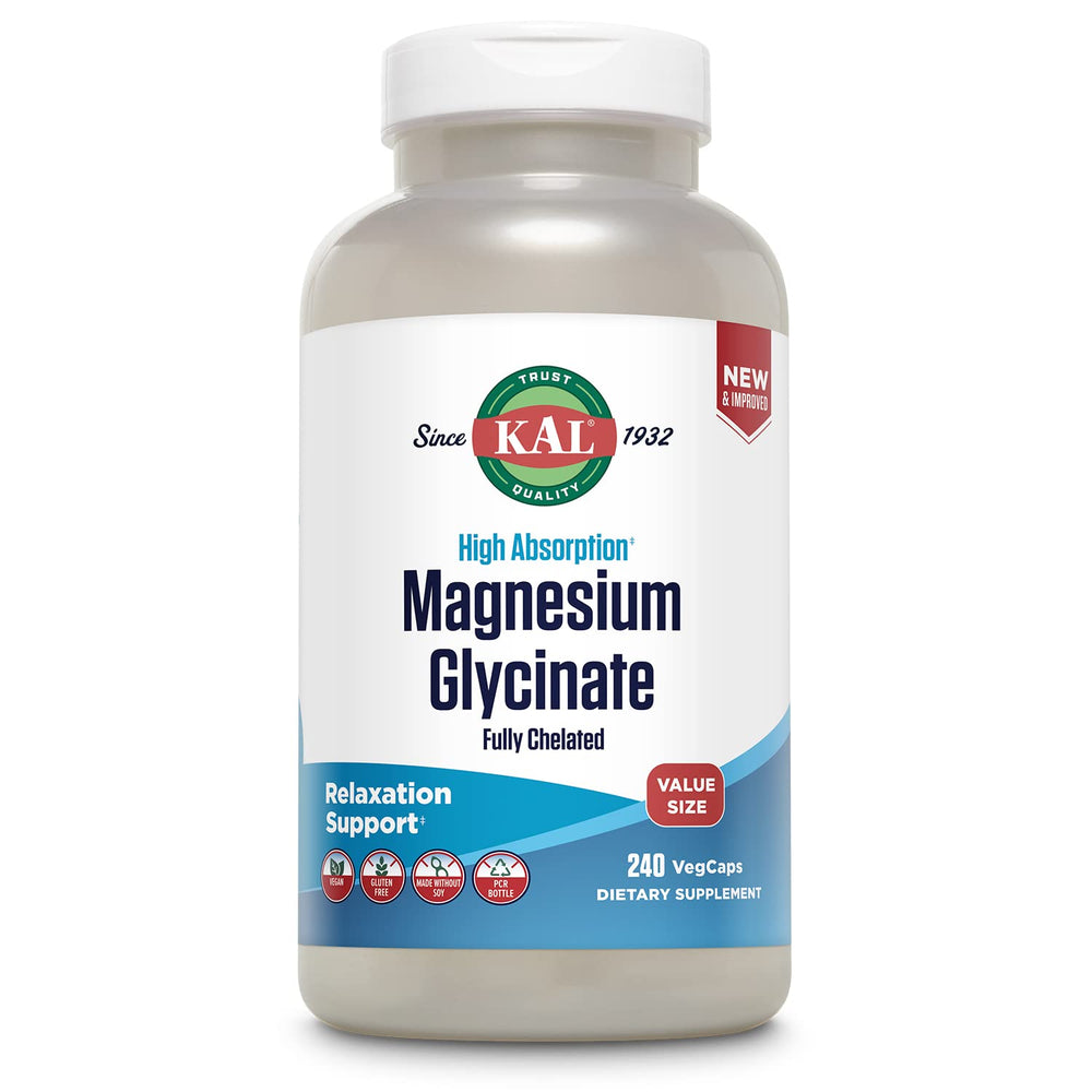 KAL magnesium glycinate bottle highlighting high-absorption formula with BioPerine.