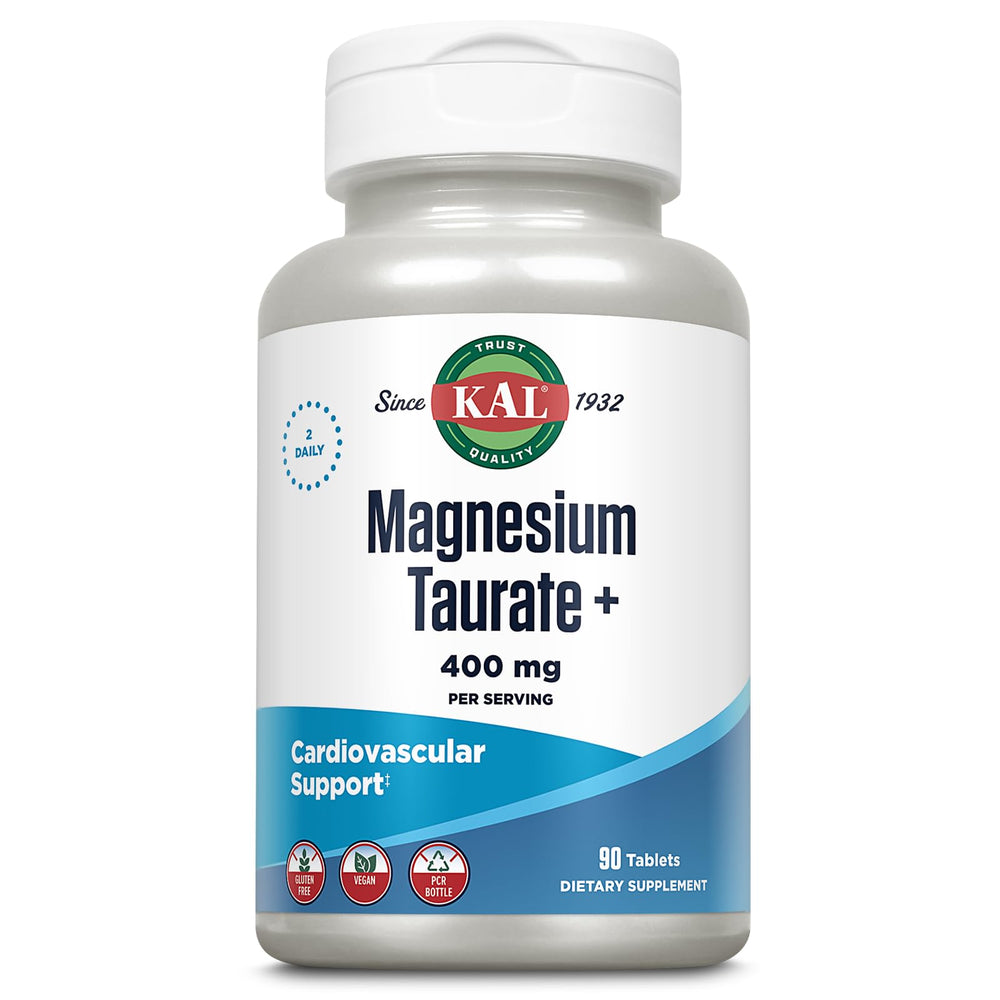 KAL Magnesium Taurate bottle front shows vegan formula for daily support.