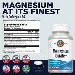 KAL Magnesium Taurate bottle pour demonstrates easy dosing with 400 mg + B6.