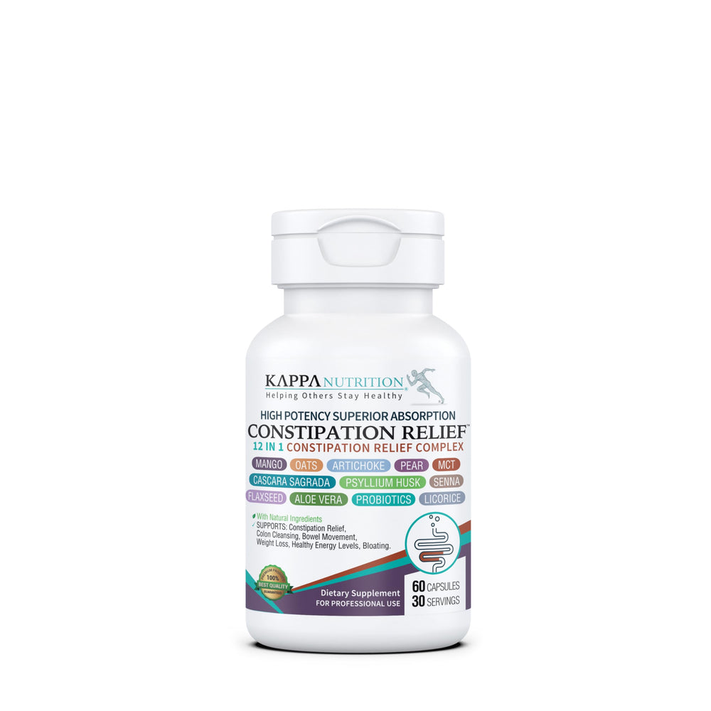 KAPPA NUTRITION Constipation Relief bottle shows a gentle, non-habit forming option for regularity.