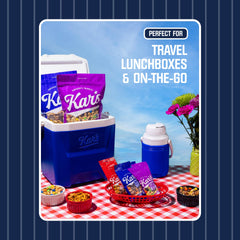 Kar's Nuts trail mix almonds cashews peanuts image highlighting protein variety.