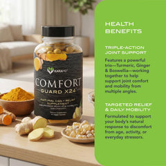 KaraMD Comfort Guard X24 ingredients label showing non-GMO, gluten-free, vegan-friendly formula.