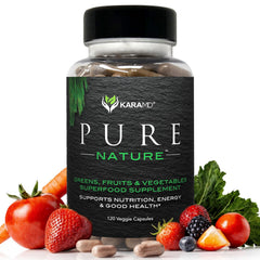 KaraMD Pure Nature greens and fruits powder bottle for daily energy support.