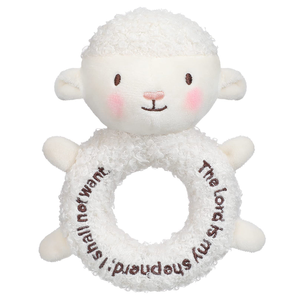 Karenhi lamb with embroidered eyes offers a cuddly, safe companion for babies.