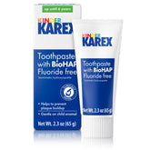 KAREX Kinder toothpaste tube showing fluoride-free formula for kids