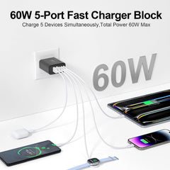 Port detail shows three USB-C and two USB-A ports for simultaneous charging.