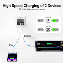 Close-up of the 30W USB-C port powering a device quickly.