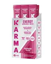 Karma Energy Hydration Raspberry Peach packets ready to mix for convenient on-the-go energy.