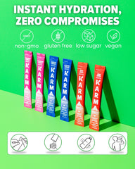 Karma Probiotic Hydration vitamin blend highlights vitamins A and B complex