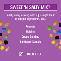 Kar's Nuts Sweet 'N Salty Trail Mix closeup ingredients highlights peanuts, raisins, and cocoa gems