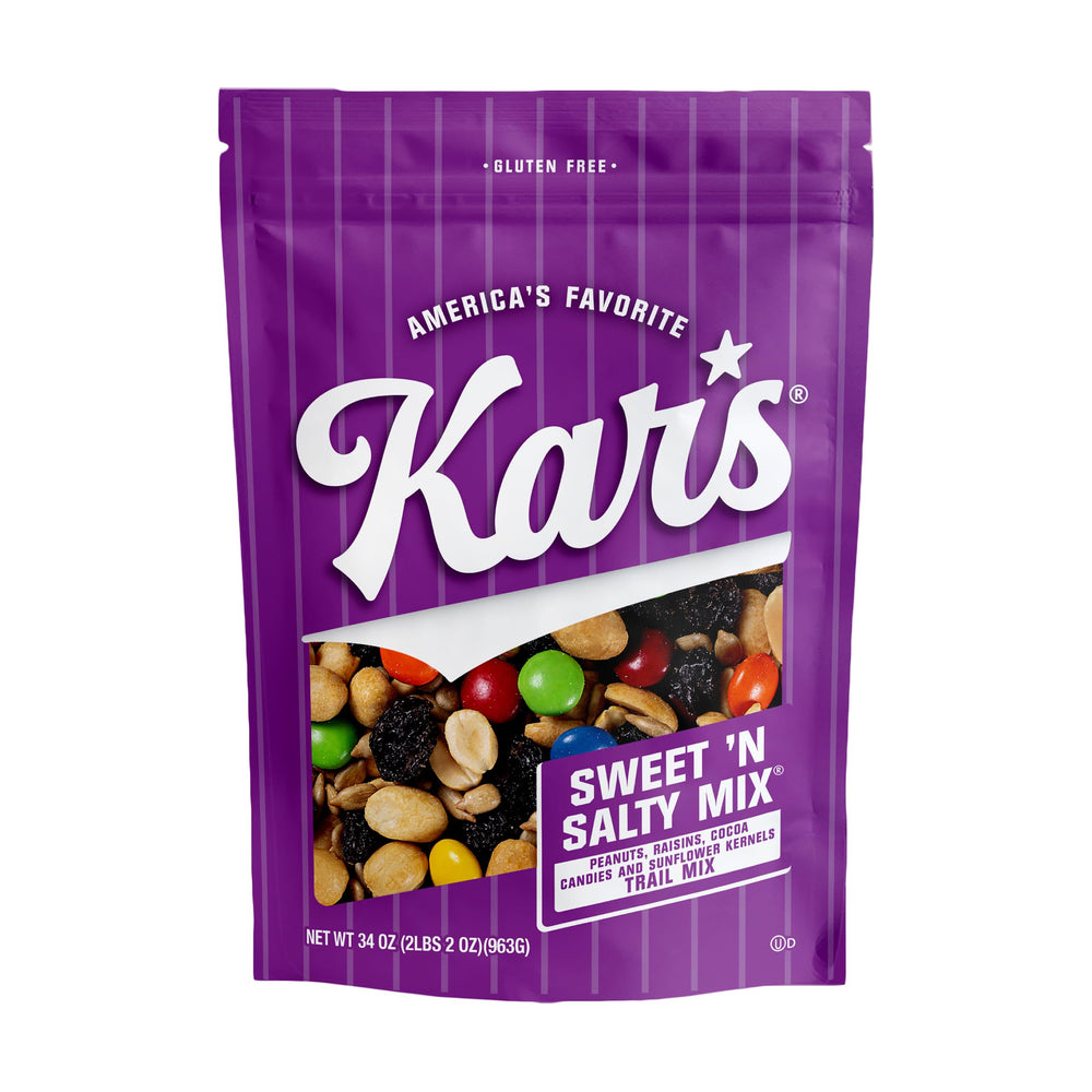 Kar's Nuts Sweet N Salty Trail Mix pouch ready for travel and on-the-go snacking