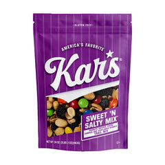 Kar's Nuts Sweet N Salty Trail Mix pouch ready for travel and on-the-go snacking