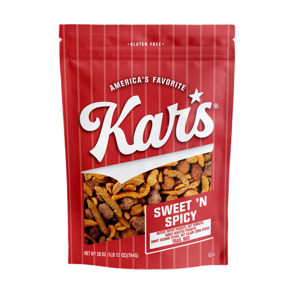 Kar's Nuts Sweet 'N Spicy Trail Mix in a resealable pouch for fresh, on-the-go snacking.