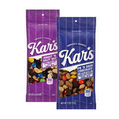 Kar’s Nuts Variety Pack Trail Mix with 24 grab-and-go snacks for travel.