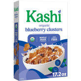 Kashi Blueberry Clusters cereal box front, organic whole grain goodness for busy mornings.