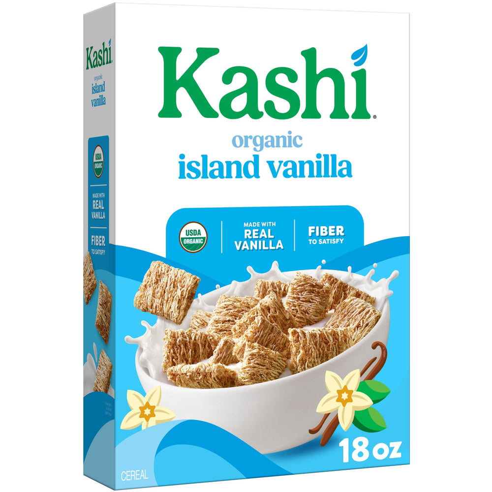 Kashi Island Vanilla cereal in a bowl with milk, showcasing vanilla flavor and comfort.