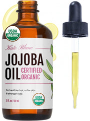 Kate Blanc Organic Jojoba Oil bottle showing pure, premium carrier oil for daily care.