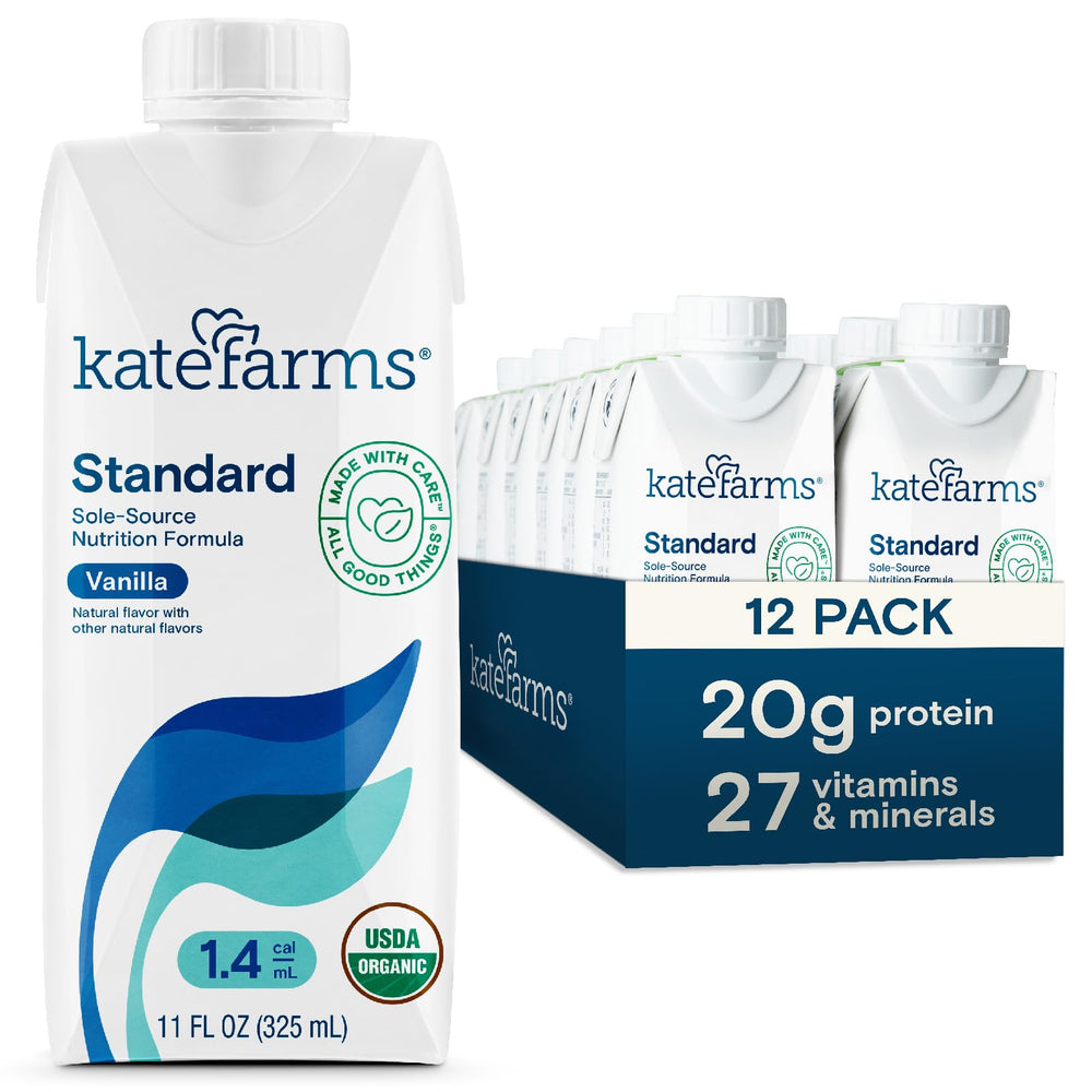 Kate Farms Organic 1.4 Vanilla bottle label, rich in calories and nutrients
