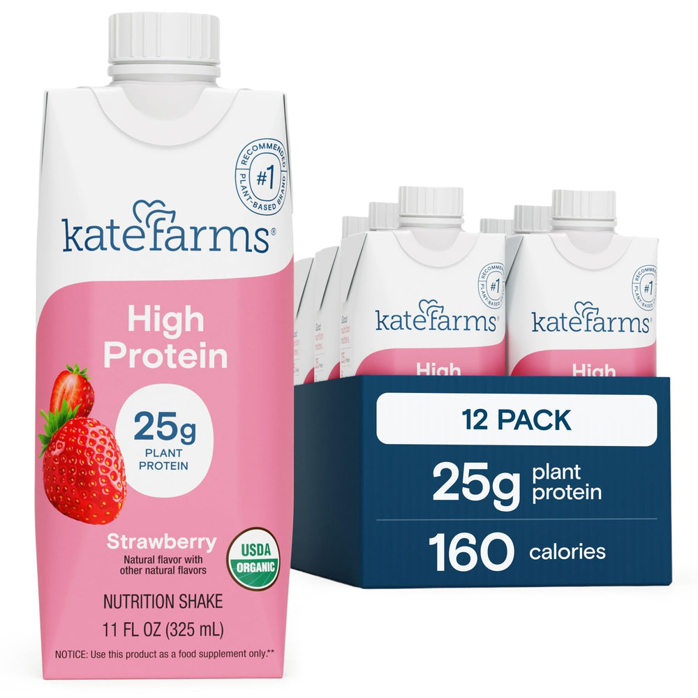 Kate Farms organic high-protein strawberry shake bottle for protein-rich nutrition