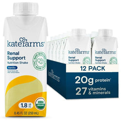 Kate Farms Renal Support Shake Vanilla pack for dialysis-friendly daily nutrition.