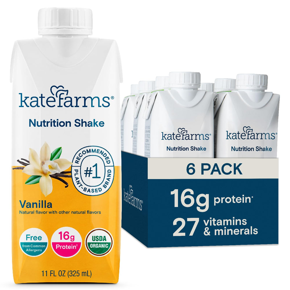 Kate Farms vanilla nutrition shake bottle front for quick meals.