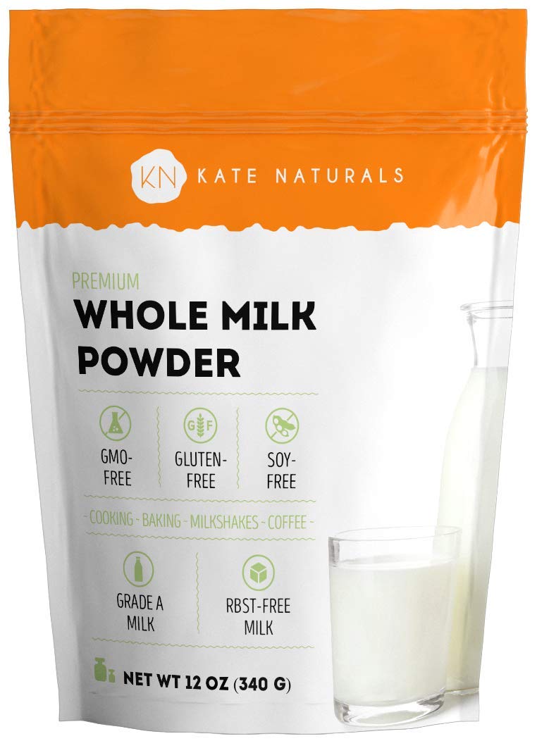 Kate Naturals dry whole milk powder packaging for long shelf-stable storage.