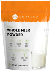 Kate Naturals dry whole milk powder packaging for long shelf-stable storage.