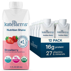 Kate Farms strawberry organic nutrition shake 11oz bottle in a 12-pack for convenient meals.