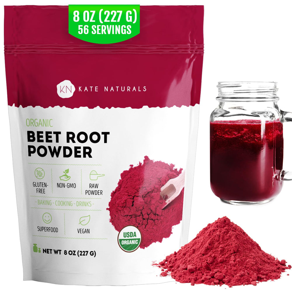 Kate Naturals beet root powder in a bottle adds earthy color to smoothies.
