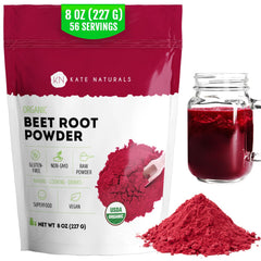 Kate Naturals beet root powder in a bottle adds earthy color to smoothies.