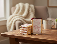 Katz Gluten Free Iced Holiday Berry Toaster Pastries with snowy glaze, a festive holiday treat.