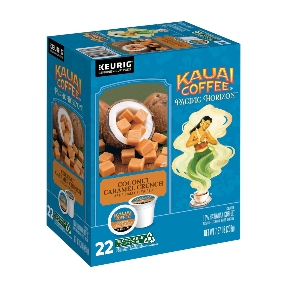 Kauai Coffee Coconut Caramel Crunch pod 22ct on countertop for easy mornings.