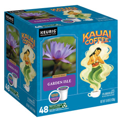 Kauai Coffee Garden Isle medium roast K-Cups for Keurig, 48-pack, ideal for quick Keurig mornings.