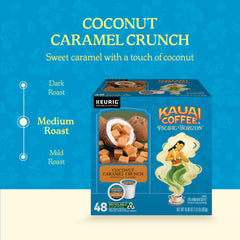 Kauai Coffee Coconut Caramel Crunch evokes tropical coconut aroma in your cup.