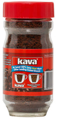 Kava reduced acid instant coffee 4oz jar closeup; premium beans deliver rich, smooth flavor.