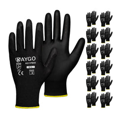 Kaygo work gloves with PU palm coating provide secure grip in dry to light oily conditions.