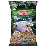 Kaytee Seed & Suet No Mess Blend blueberry flavor feeding from a tube feeder to attract birds.