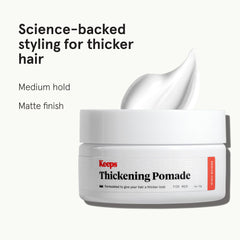 Keeps Thickening Pomade jar back label with ingredients and usage tips