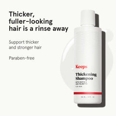 Keeps Thickening Shampoo label closeup highlights biotin and saw palmetto.