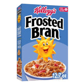 Kellogg's Frosted Bran box front highlighting whole grain flakes for fiber-rich mornings