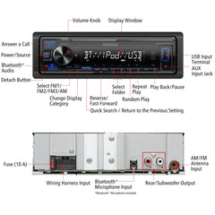 KENWOOD KMM-BT270U USB port charges devices during travel for uninterrupted use.