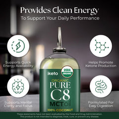 Keppi Organic MCT Oil label highlights non-GMO, vegan, gluten-free certifications.