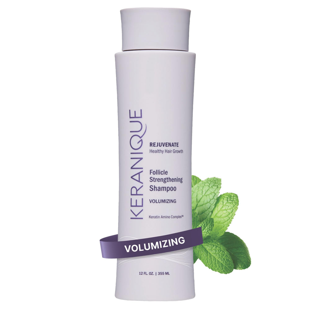 Keranique volumizing shampoo bottle front showing lightweight volume for fine hair