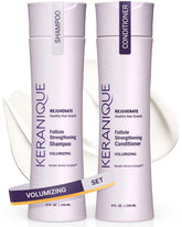 Keranique volumizing shampoo bottle shows hair fullness and lift for thinning hair.