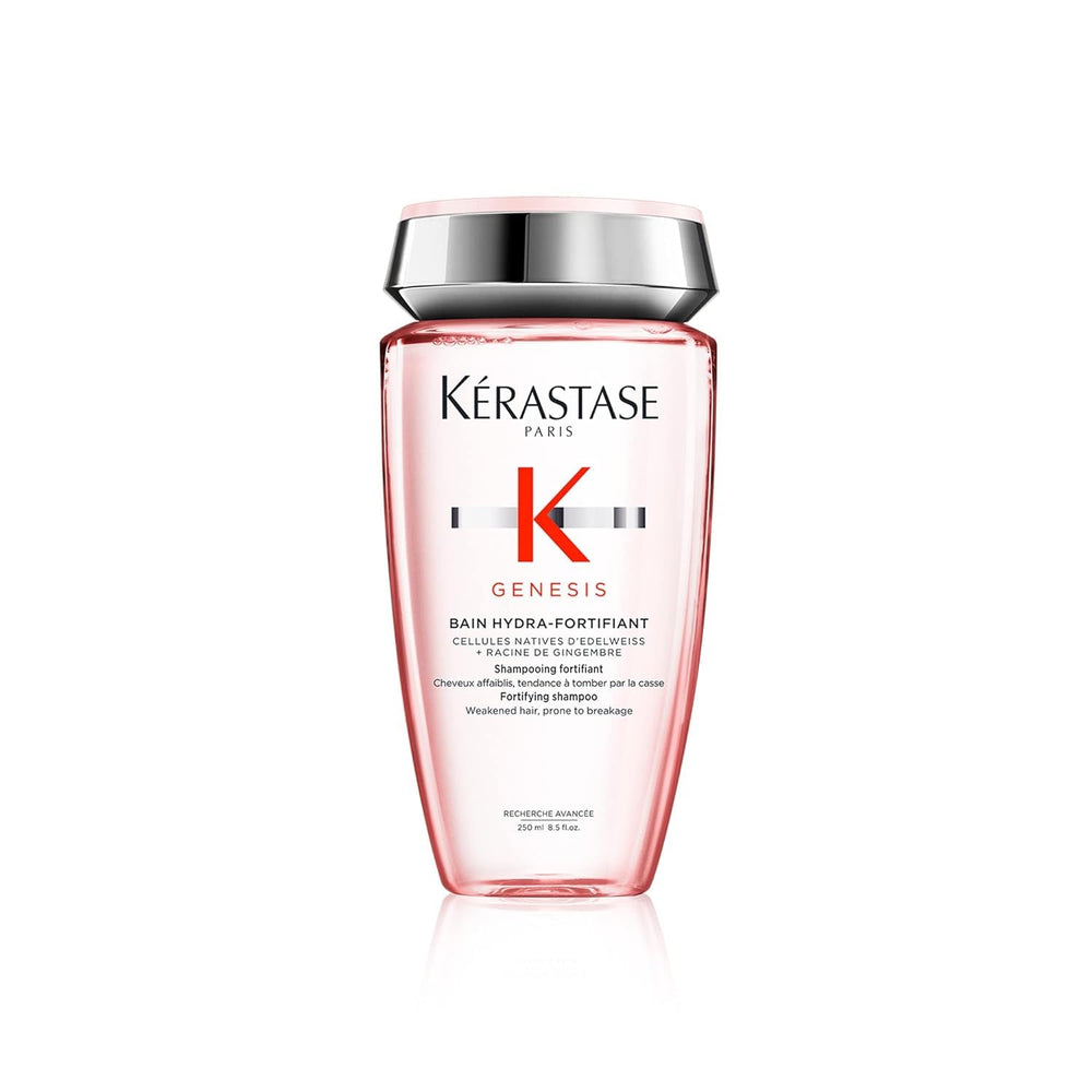 KÉRASTASE Genesis Hydra-Fortifying Shampoo bottle shows sleek packaging and silicone-free formula.