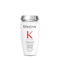 Kerastase Premiere shampoo bottle highlights sulfate-free repair for damaged hair.