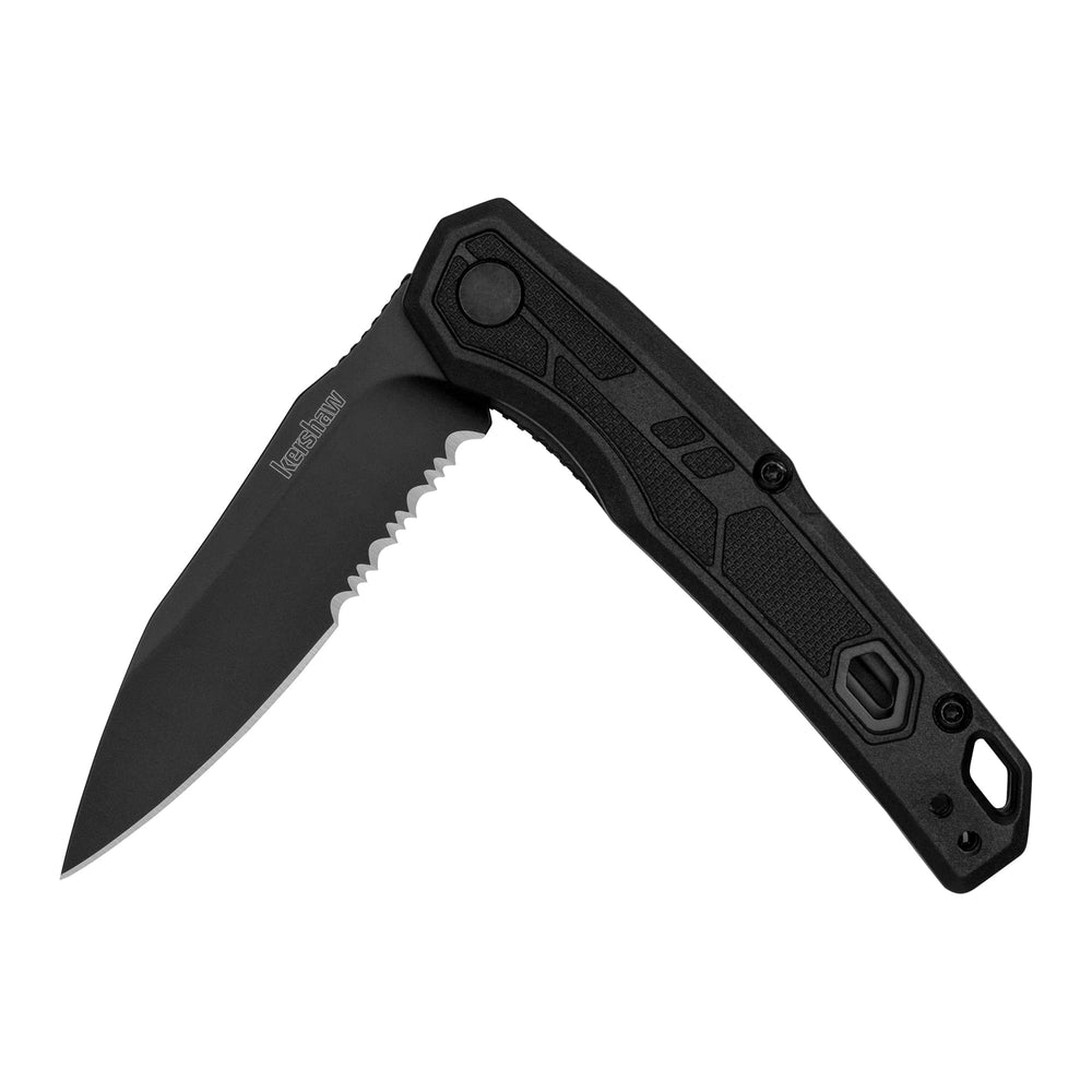 Kershaw Appa blade closeup shows a sharp, partially serrated edge for everyday cutting tasks.