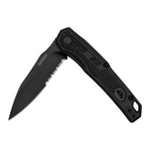 Kershaw Appa blade closeup shows a sharp, partially serrated edge for everyday cutting tasks.